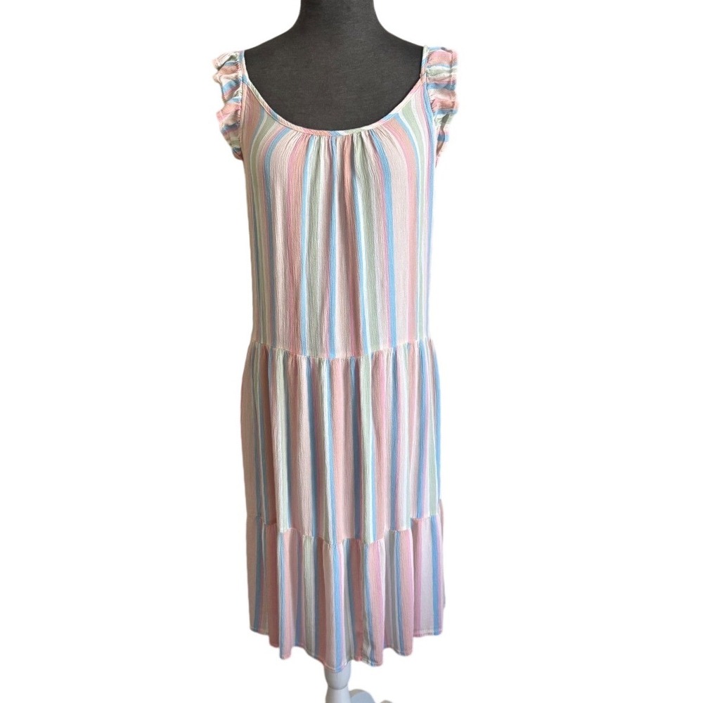 Absolutely Famous Womens Pastel Striped‎ Tiered Midi Dress Ruffle Sleeve Medium